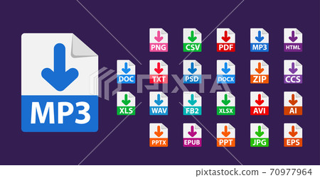 Collection of vector icons. Sign Download MP3 on dark background. 70977964