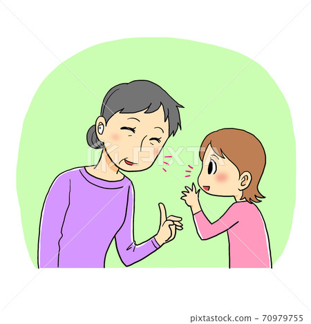 Grandmother wearing a hearing aid and talking to her grandchildren Grandmother wearing a hearing aid and talking to her grandchildren 70979755