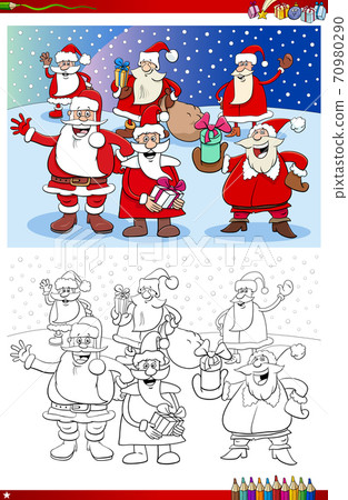 Santa Claus Christmas characters group coloring book page Santa Claus Christmas characters group coloring book page 70980290