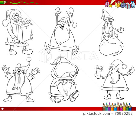 black and white Santa Claus characters set coloring book page black and white Santa Claus characters set coloring book page 70980292