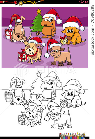 cartoon dogs group on Christmas time coloring book page 70980298
