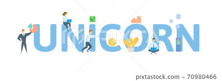 Unicorn, term to indicate a privately held startup company valued at over 1 billion. Concept with keyword, people and icons. Flat vector illustration. Isolated on white. Unicorn, term to indicate a privately held startup company valued at over 1 billion. Concept with keyword, people and icons. Flat vector illustration. Isolated on white. 70980466
