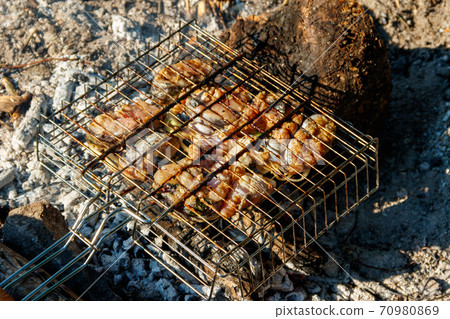 Grilling catfish slices in portable barbecue grill on campfire 70980869