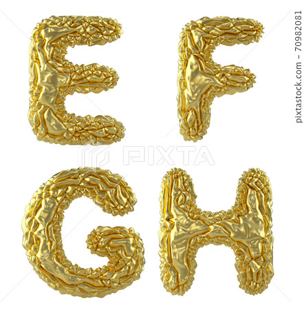 Realistic 3D letters set E, F, G, H made of crumpled foil. Collection symbols of crumpled gold foil isolated on white background. 70982081