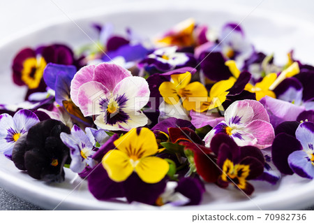 Edible flowers, field pansies, violets on white plate. Grey background. Close up. 70982736