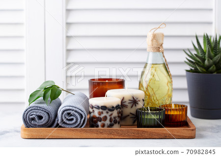 Spa, massage, wellness set. White wooden background. Copy space. Spa, massage, wellness set. White wooden background. Copy space. 70982845