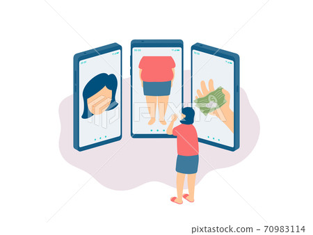 Social distancing stay at home, Miniature tiny people depression cyberbullying online, Smartphone social media concept Poster or social banner illustration on white background, copy space, vector 70983114