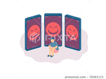 Social distancing stay at home, Miniature tiny people depression cyberbullying online, Smartphone social media concept Poster or social banner illustration on white background, copy space, vector 70983115