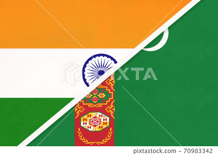 India and Turkmenistan or Turkmenia, symbol of national flags from textile. India and Turkmenistan or Turkmenia, symbol of national flags from textile. 70983342