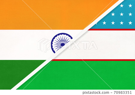 India and Uzbekistan, symbol of national flags from textile. India and Uzbekistan, symbol of national flags from textile. 70983351