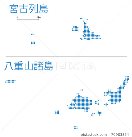 沖繩縣宮古群島八重山群島的詳細的地圖沖繩地區|各縣的點表示地圖的插圖矢量數據 70983854