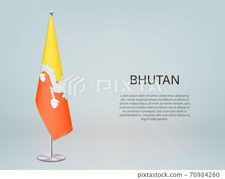Bhutan hanging flag on stand. Template forconference banner Bhutan hanging flag on stand. Template forconference banner 70984260