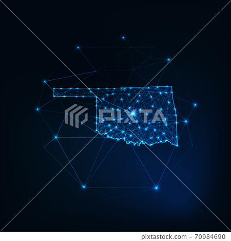 Oklahoma state USA map glowing silhouette made of stars lines dots triangles, low polygonal shapes. 70984690