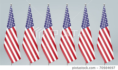 United States hanging flag on stand. Politic conference backgrou United States hanging flag on stand. Politic conference backgrou 70984697