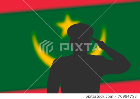 Solder silhouette on blur background with Mauritania flag. 70984758