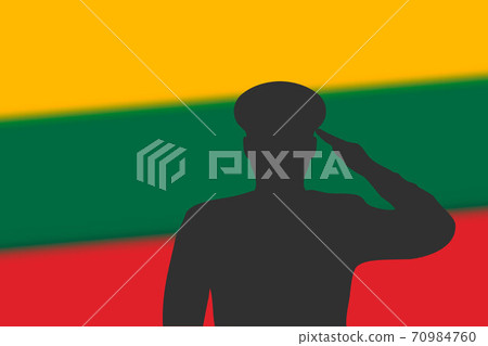 Solder silhouette on blur background with Lithuania flag. 70984760