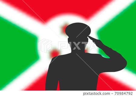 Solder silhouette on blur background with Burundi flag. 70984792