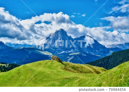 Amazing view on Seceda peak. Trentino Alto Adige, Dolomites Alps, South Tyrol, Italy, Europe. Odle mountain range, Val Gardena. Majestic Furchetta peak. Purple flowers in the morning sunlight. Amazing view on Seceda peak. Trentino Alto Adige, Dolomites Alps, South Tyrol, Italy, Europe. Odle mountain range, Val Gardena. Majestic Furchetta peak. Purple flowers in the morning sunlight. 70984856