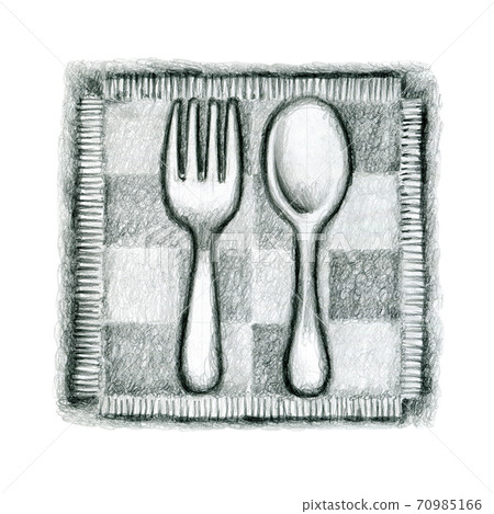 Pencil drawing. Cute icon with a fork and spoon on a napkin 70985166