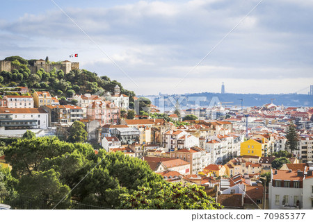 Cityscape of Lisbon, Portugal, with the view of St. George's Castle 70985377