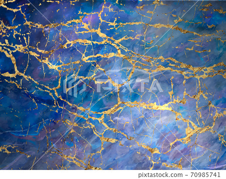 Blue marble and gold abstract background texture. Indigo, blue marbling with natural luxury style lines of marble and gold powder. Vector 70985741