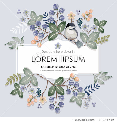 Vector illustration of a floral frame with a cute bird on a floral branch in spring for Wedding, anniversary, birthday and party. Design for banner, poster, card, invitation and scrapbook  70985756