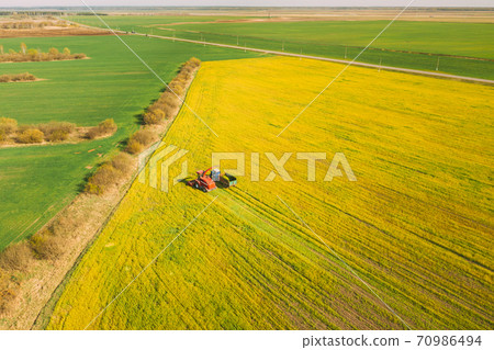 Aerial View Of Rural Landscape. Combine Harvester And Tractor Working Together In Field. Harvesting Of Oilseed In Spring Season. Agricultural Machines Collecting Blooming Rapeseeds Canola Colza Aerial View Of Rural Landscape. Combine Harvester And Tractor Working Together In Field. Harvesting Of Oilseed In Spring Season. Agricultural Machines Collecting Blooming Rapeseeds Canola Colza 70986494