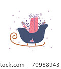 Christmas sleighs with tree branches decorations and a present isolated on white background. Christmas decorations card 70988943