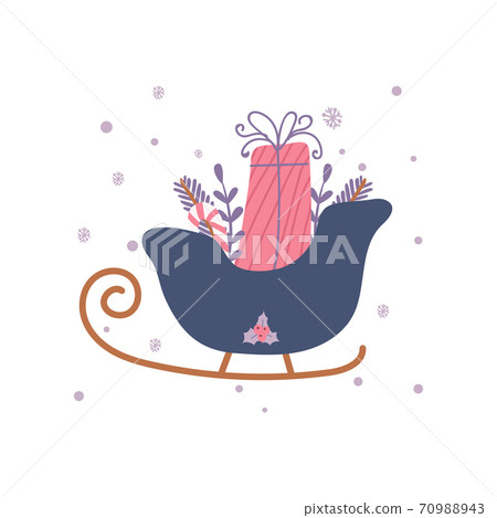 Christmas sleighs with tree branches decorations and a present isolated on white background. Christmas decorations card Christmas sleighs with tree branches decorations and a present isolated on white background. Christmas decorations card 70988943