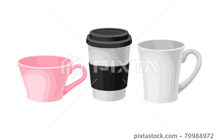 Ceramic Cups with Handle and Coffee Paper Cup for Drinking Vector Set 70988972