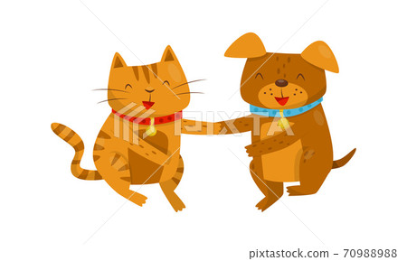 Funny Dog and Cat with Collar Shaking Paws Vector Illustration. Funny Dog and Cat with Collar Shaking Paws Vector Illustration. 70988988