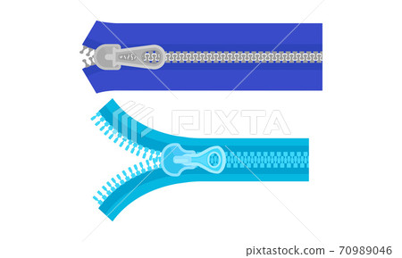 Closed Zipper or Zip Fastener with Protruding Teeth and Slider Vector Set 70989046