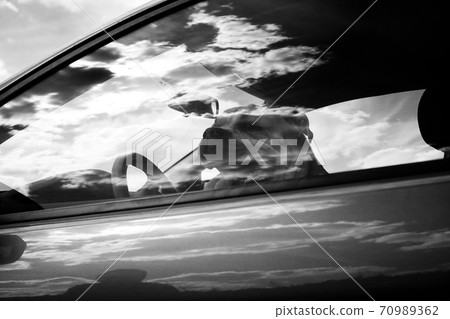 Dog in the car in reflection, black and white Dog in the car in reflection, black and white 70989362