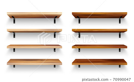 Realistic empty wooden store shelves set. Product shelf with wood texture and black wall mount 70990047
