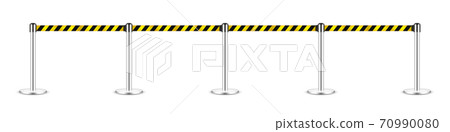 Realistic vector retractable belt stanchion. Crowd control barrier posts with caution strap. Queue Realistic vector retractable belt stanchion. Crowd control barrier posts with caution strap. Queue 70990080