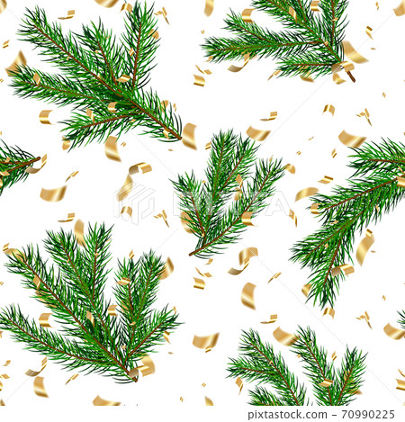 Seamless Christmas and New year background. Pine fir branches, falling realistic shiny golden confetti on white background. Great for Christmas and New year cards, banners, headers, party posters.  70990225