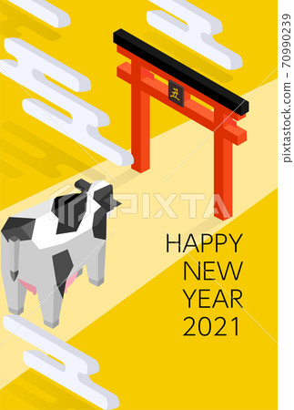 2021 New Year's card torii and cow isometric 2021 New Year's card torii and cow isometric 70990239