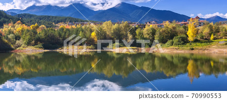 Bansko autumn banner with lake, Bulgaria Bansko autumn banner with lake, Bulgaria 70990553