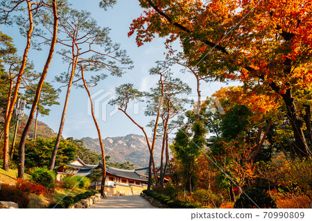 Autumn of Jingwansa Temple with Bukhansan mountain in Seoul, Korea 70990809