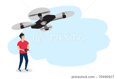 A young man with a smile controls a quadrocopter or drone. Vector illustration. Copy space. A young man with a smile controls a quadrocopter or drone. Vector illustration. Copy space. 70990927