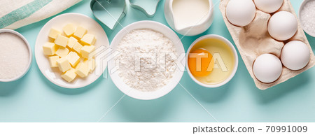 Baking or cooking background. Ingredients, kitchen items for baking. 70991009