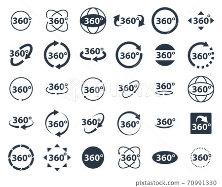 360 degrees icon set. Rotate arrow, VR reality panoramic symbol. Wide degree view icons. Virtual tour or game vector sign. 70991330