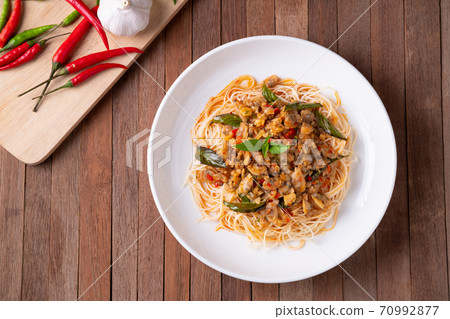 Stir fried capellini pasta with Short Necked Clam .Thai style food 70992877