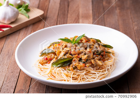 Stir fried capellini pasta with Short Necked Clam .Thai style food 70992906