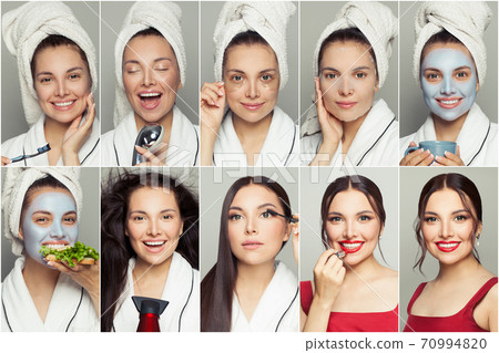 Female morning routine. Spa woman face collage set Female morning routine. Spa woman face collage set 70994820
