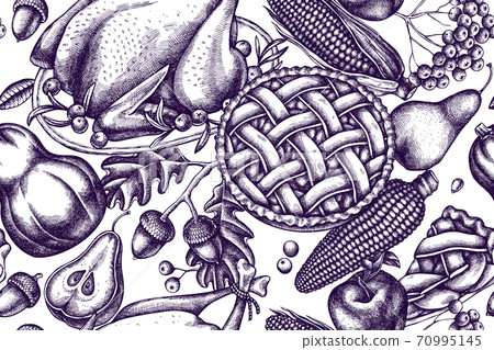 Artistic seamless pattern with pumpkin, fork, knife, pears, turkey, pumpkin pie, apple pie, corn 70995145