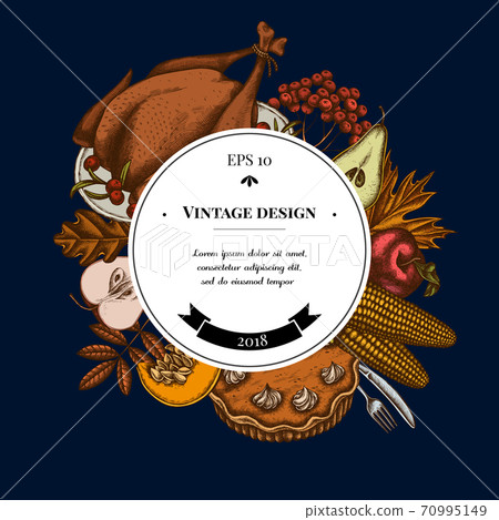 Badge over design with pumpkin, fork, knife, pears, turkey, pumpkin pie, corn, apples, rowan, maple Badge over design with pumpkin, fork, knife, pears, turkey, pumpkin pie, corn, apples, rowan, maple 70995149