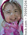 Emotional close up portrait of adorable female child in warm winter clothing, enjoys fresh air and beautiful sunny frosty day, happy to be outdoor 70995204