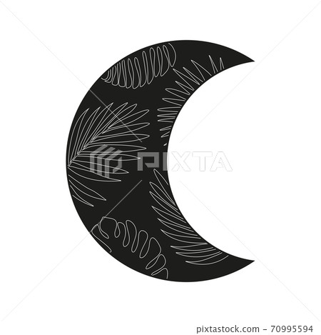 Floral crescent black on white. Tropical moon. Boho ornament element.  Floral crescent black on white. Tropical moon. Boho ornament element.  70995594