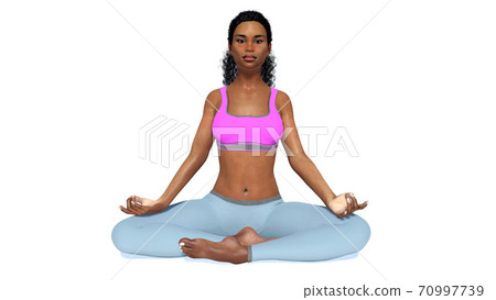 African woman in meditation yoga pose on white 3D 70997739